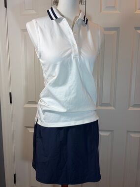 Tory Sport White Sleeveless Polo Tank with Navy Stripe Collar